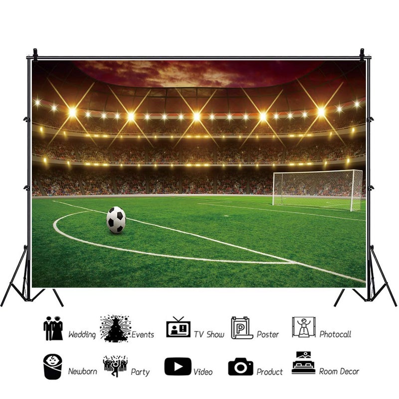 DORCEV 8x6ft Football Stadium Photography Backdrop - Green Glass Football Field Spotlight Lights for Sports, Game, Party & Birthday Party Background - Image 2